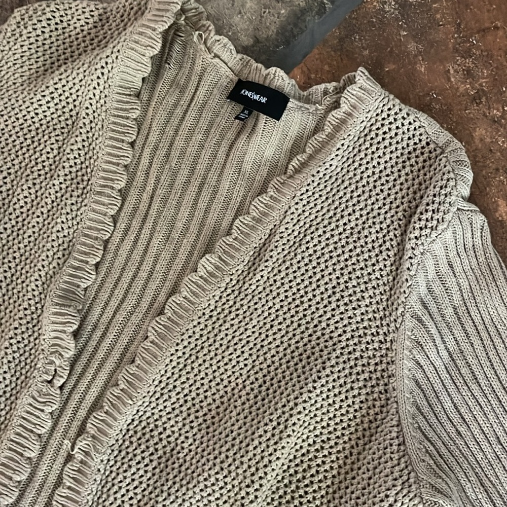 Cotton knit scalloped edge cardigan sweater taupe oatmeal textured cardigan READ - Picture 5 of 9